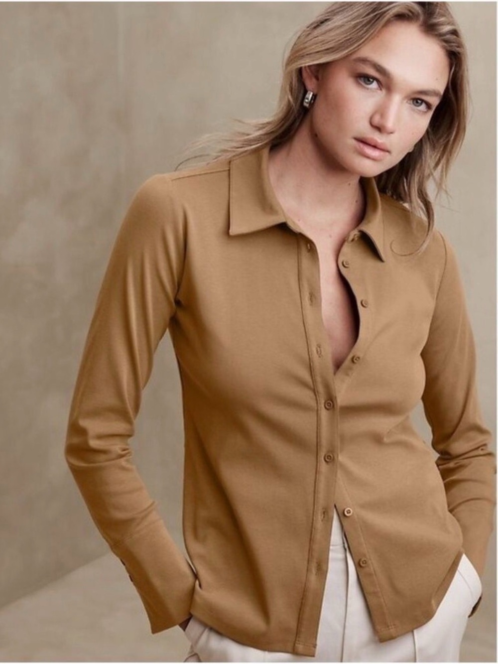 Banana Republic Camel TENCEL Modal Jersey Button Front Polo Top L